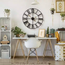 Load image into Gallery viewer, Round 24-inch Black Metal Roman Numeral Wall Clock with Gold Hands