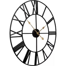 Load image into Gallery viewer, Round 24-inch Black Metal Roman Numeral Wall Clock with Gold Hands