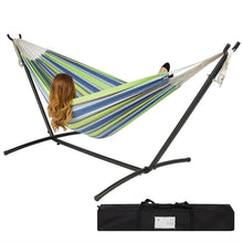 Load image into Gallery viewer, Portable Blue Green Stripe Cotton Hammock with Metal Stand and Carry Case