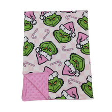 Load image into Gallery viewer, Pink candy cane green face baby girls Christmas blanket