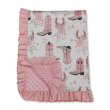 Load image into Gallery viewer, Pink ruffle boots floral ruffle baby girls blanket