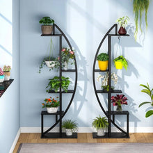 Load image into Gallery viewer, Set of 2 - Symmetrical Modern Black Metal Wood 10-Shelf Plant Stand