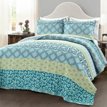 Load image into Gallery viewer, Full/Queen Cotton 3 Piece Reversible Blue White Green Floral Damask Quilt Set