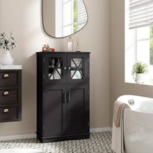 Load image into Gallery viewer, Black Bathroom Towel Linen Cabinet with Glass Doors and Storage Shelves