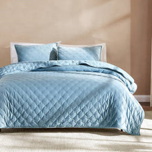 Load image into Gallery viewer, Full / Queen 3-Piece Blue Velvet Embroidered Lavishly Soft Quilt Set