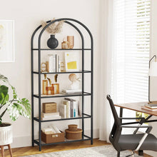 Load image into Gallery viewer, Modern Black Metal Arched Top Display Rack Bookcase with 5 Glass Storage Shelves
