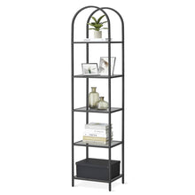 Load image into Gallery viewer, Arched Top Black Metal Display Rack Narrow Bookcase with 5 Glass Storage Shelves
