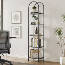 Load image into Gallery viewer, Arched Top Black Metal Display Rack Narrow Bookcase with 5 Glass Storage Shelves