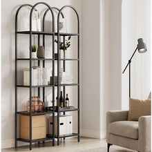 Load image into Gallery viewer, Arched Top Black Metal Display Rack Narrow Bookcase with 5 Glass Storage Shelves