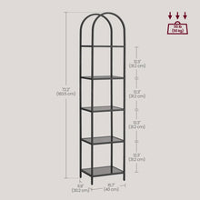 Load image into Gallery viewer, Arched Top Black Metal Display Rack Narrow Bookcase with 5 Glass Storage Shelves
