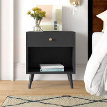 Load image into Gallery viewer, Mid-Century Farmhouse 1-Drawer Nightstand with Open Shelf in Black Wood Finish