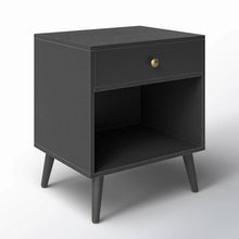 Load image into Gallery viewer, Mid-Century Farmhouse 1-Drawer Nightstand with Open Shelf in Black Wood Finish
