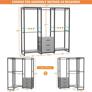 Heavy Duty Black Grey Freestanding Garment Rack Closet Wardrobe with 3 Drawers