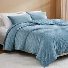 Load image into Gallery viewer, King/CAL King Size 3-Piece Blue Velvet Embroidered Super Soft Quilt Set