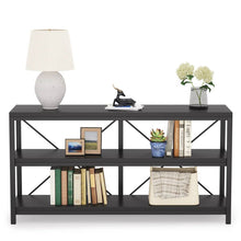 Load image into Gallery viewer, Industrial 55-inch Black Wood Shelf Sofa Table with Heavy Duty Metal Frame