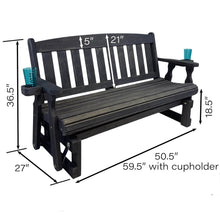 Load image into Gallery viewer, 4ft Heavy Duty Black Wooden Porch Glider Bench with Cupholders - Made in USA