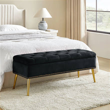 Load image into Gallery viewer, Mid-Century Modern End of Bed Storage Bench with Black Velvet Seat and Gold Legs