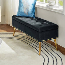 Load image into Gallery viewer, Mid-Century Modern End of Bed Storage Bench with Black Velvet Seat and Gold Legs