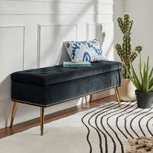 Load image into Gallery viewer, Mid-Century Modern End of Bed Storage Bench with Black Velvet Seat and Gold Legs