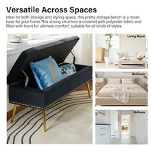 Load image into Gallery viewer, Mid-Century Modern End of Bed Storage Bench with Black Velvet Seat and Gold Legs