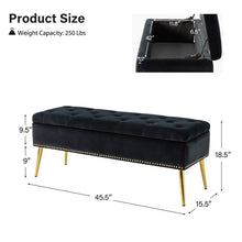 Load image into Gallery viewer, Mid-Century Modern End of Bed Storage Bench with Black Velvet Seat and Gold Legs