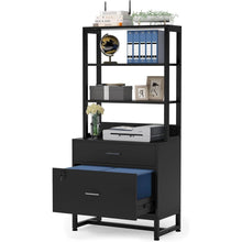 Load image into Gallery viewer, Home Office Lockable 2 Drawer Filing Cabinet Bookshelf in Black Wood Finish