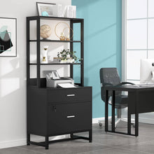 Load image into Gallery viewer, Home Office Lockable 2 Drawer Filing Cabinet Bookshelf in Black Wood Finish