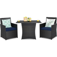 Load image into Gallery viewer, 3-Piece Patio Furniture Outdoor Dining Set Brown PE Rattan Navy Blue Cushions