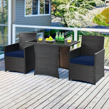 Load image into Gallery viewer, 3-Piece Patio Furniture Outdoor Dining Set Brown PE Rattan Navy Blue Cushions