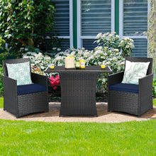 Load image into Gallery viewer, 3-Piece Patio Furniture Outdoor Dining Set Brown PE Rattan Navy Blue Cushions