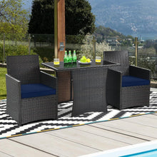 Load image into Gallery viewer, 3-Piece Patio Furniture Outdoor Dining Set Brown PE Rattan Navy Blue Cushions
