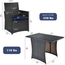 Load image into Gallery viewer, 3-Piece Patio Furniture Outdoor Dining Set Brown PE Rattan Navy Blue Cushions