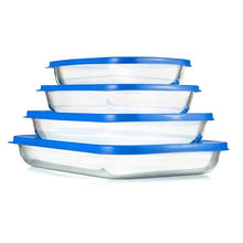 Load image into Gallery viewer, Set of 4 - Rectangular Oven Safe Glass Bakeware Set with Blue Plastic Lids
