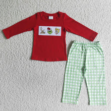 Load image into Gallery viewer, Green face embroidery top match pants boy Christmas clothes