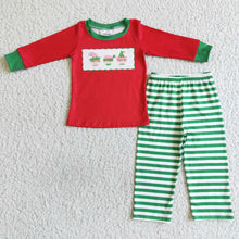 Load image into Gallery viewer, Red screen print shirt stripe pants boy Christmas pajamas