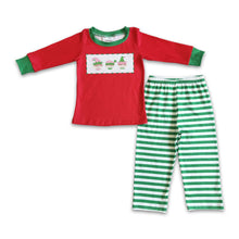 Load image into Gallery viewer, Red screen print shirt stripe pants boy Christmas pajamas