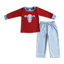 Load image into Gallery viewer, Plaid cow embroidery shirt pants boy clothing set