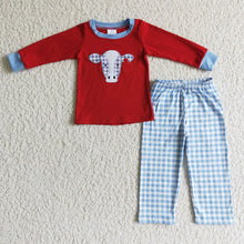 Load image into Gallery viewer, Plaid cow embroidery shirt pants boy clothing set