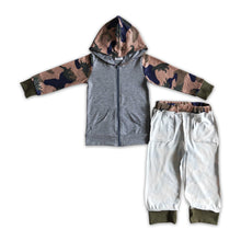 Load image into Gallery viewer, Grey zip hoodie dinosaur camo pants boy fall outfits