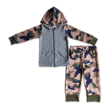 Load image into Gallery viewer, Grey zip hoodie dinosaur camo pants boy fall outfits