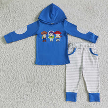 Load image into Gallery viewer, Blue hoodie match pocket stripe pants kids boy fall clothes