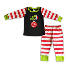 Load image into Gallery viewer, Jingle bell emboridery stripe green face kids Christmas pjs