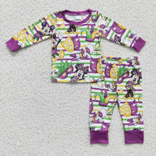 Load image into Gallery viewer, Green purple yellow stripe mouse kids boy Mardi gras pajamas