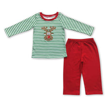 Load image into Gallery viewer, Reindeer green stripe shirt red pants boy Christmas outfits