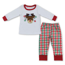 Load image into Gallery viewer, Reindeer embroidery top plaid pants baby kids Christmas pajamas