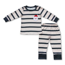 Load image into Gallery viewer, Santa embroidery green stripe kids boy Christmas pajamas