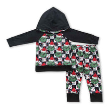 Load image into Gallery viewer, Green face plaid black hoodie set boy Christmas outfits