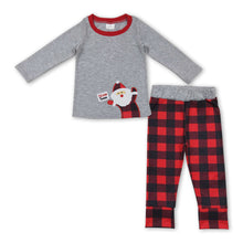 Load image into Gallery viewer, Grey santa top buffalo plaid pants boy Christmas outfits