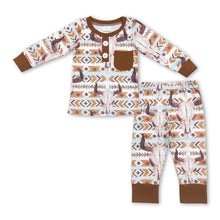 Load image into Gallery viewer, Brown pocket bull skull long sleeves kids boy western pajamas