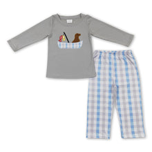 Load image into Gallery viewer, Dog fish boat top plaid pants kids boy hunting clothes